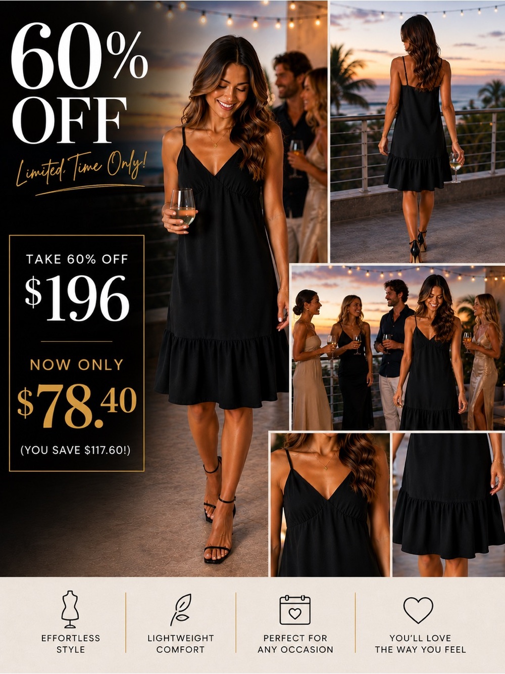 NWT Michael Kors Black Spaghetti Strap Ruffle Hem Dress Size 2